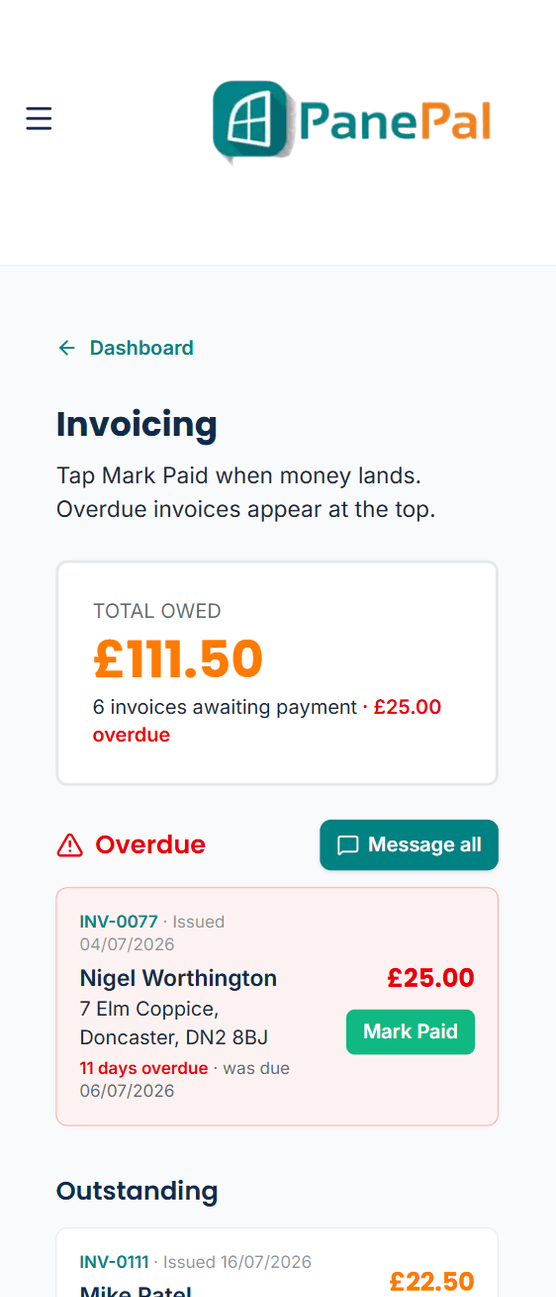 Invoicing in the PanePal app